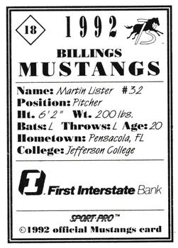1992 Sport Pro Billings Mustangs #18 Martin Lister Back