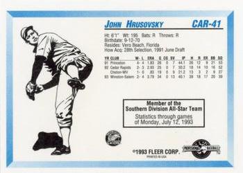 1993 Fleer ProCards Carolina League All-Stars #CAR-41 John Hrusovsky Back