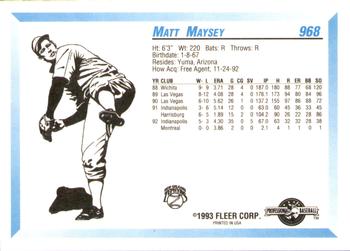 1993 Fleer ProCards #968 Matt Maysey Back