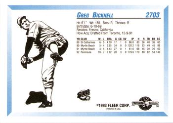 1993 Fleer ProCards #2703 Greg Bicknell Back