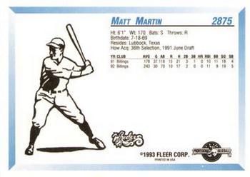 1993 Fleer ProCards #2875 Matt Martin Back