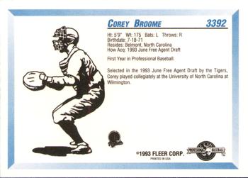1993 Fleer ProCards #3392 Corey Broome Back