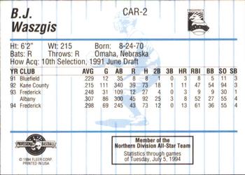 1994 Fleer ProCards Carolina League All-Stars #CAR-2 B.J. Waszgis Back