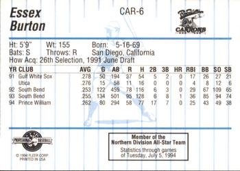 1994 Fleer ProCards Carolina League All-Stars #CAR-6 Essex Burton Back