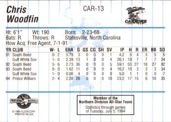 1994 Fleer ProCards Carolina League All-Stars #CAR-13 Chris Woodfin Back