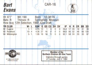 1994 Fleer ProCards Carolina League All-Stars #CAR-16 Bart Evans Back