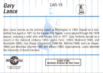1994 Fleer ProCards Carolina League All-Stars #CAR-19 Gary Lance Back