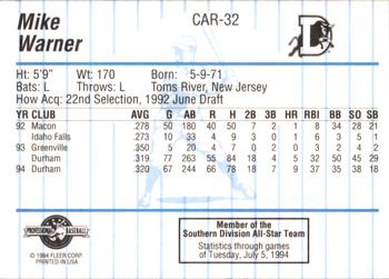 1994 Fleer ProCards Carolina League All-Stars #CAR-32 Mike Warner Back