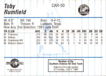 1994 Fleer ProCards Carolina League All-Stars #CAR-50 Toby Rumfield Back