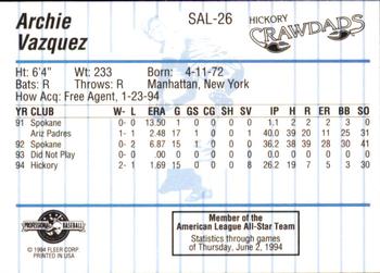 1994 Fleer ProCards South Atlantic League All-Stars #SAL-26 Archie Vazquez Back