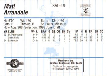 1994 Fleer ProCards South Atlantic League All-Stars #SAL-46 Matt Arrandale Back