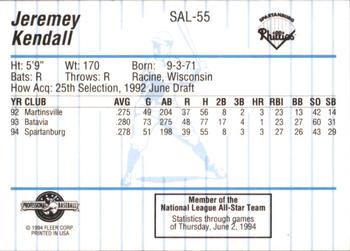 1994 Fleer ProCards South Atlantic League All-Stars #SAL-55 Jeremey Kendall Back