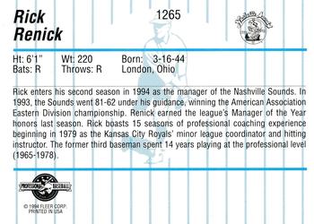 1994 Fleer ProCards #1265 Rick Renick Back