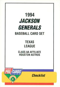 1994 Fleer ProCards #234 Jackson Generals Checklist Front