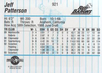 1994 Fleer ProCards #921 Jeff Patterson Back