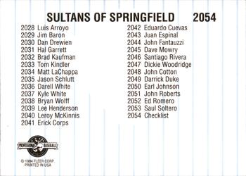 1994 Fleer ProCards #2054 Springfield Sultans Checklist Back