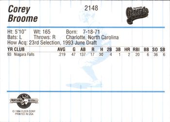 1994 Fleer ProCards #2148 Corey Broome Back