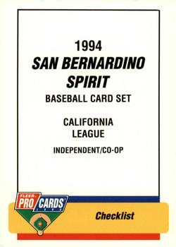 1994 Fleer ProCards #2777 San Bernardino Spirit Checklist Front