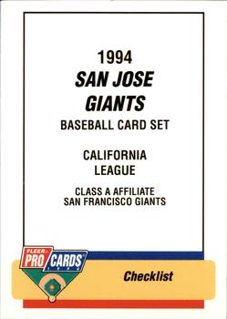 1994 Fleer ProCards #2836 San Jose Giants Checklist Front