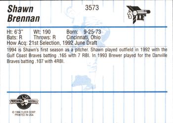 1994 Fleer ProCards #3573 Shawn Brennan Back