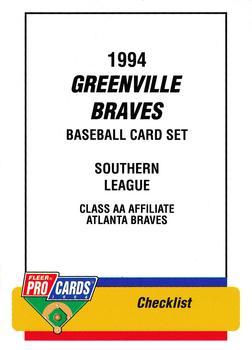 1994 Fleer ProCards #432 Greenville Braves Checklist Front