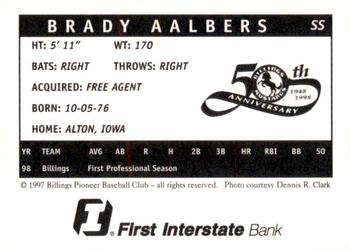 1998 Billings Mustangs #NNO Brady Aalbers Back