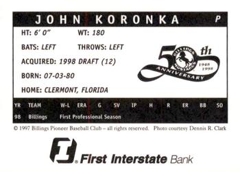 1998 Billings Mustangs #NNO John Koronka Back