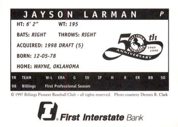 1998 Billings Mustangs #NNO Jayson Larman Back