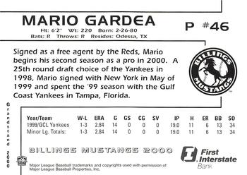 2000 Grandstand Billings Mustangs #NNO Mario Gardea Back