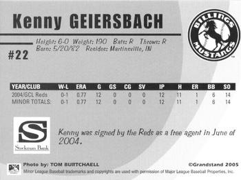 2005 Grandstand Billings Mustangs #NNO Kenny Geiersbach Back