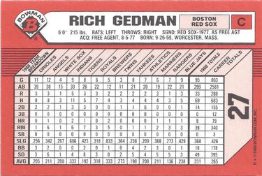 1989 Bowman - Collector's Edition (Tiffany) #27 Rich Gedman Back