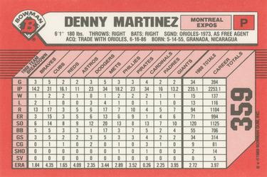 1989 Bowman - Collector's Edition (Tiffany) #359 Denny Martinez Back