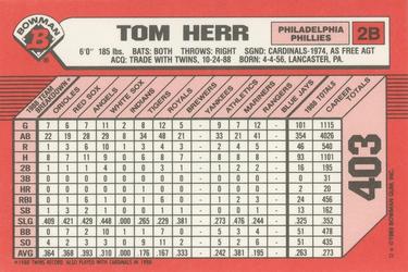 1989 Bowman - Collector's Edition (Tiffany) #403 Tom Herr Back