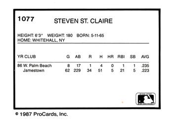 1987 ProCards #1077 Steven St. Claire Back