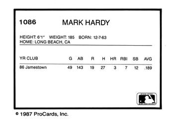 1987 ProCards #1086 Mark Hardy Back