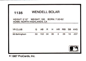 1987 ProCards #1135 Wendell Bolar Back