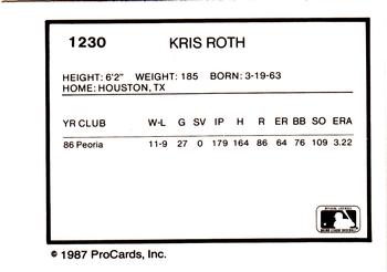 1987 ProCards #1230 Kris Roth Back
