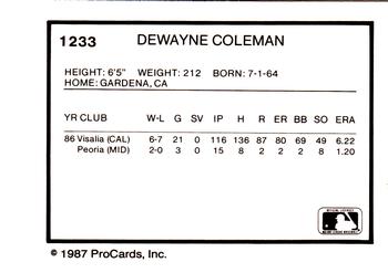 1987 ProCards #1233 Dewayne Coleman Back