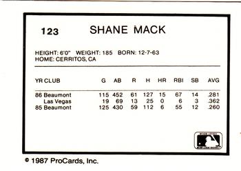 1987 ProCards #123 Shane Mack Back