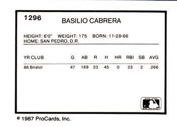 1987 ProCards #1296 Basilio Cabrera Back
