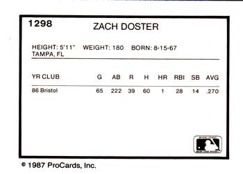 1987 ProCards #1298 Zach Doster Back