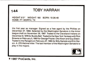 1987 ProCards #144 Toby Harrah Back