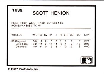 1987 ProCards #1639 Scott Henion Back