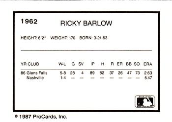 1987 ProCards #1962 Ricky Barlow Back