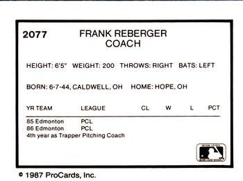 1987 ProCards #2077 Frank Reberger Back