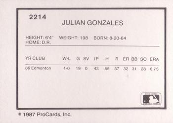 1987 ProCards #2214 Julian Gonzalez Back
