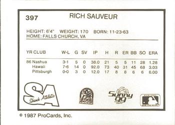 1987 ProCards #397 Rich Sauveur Back