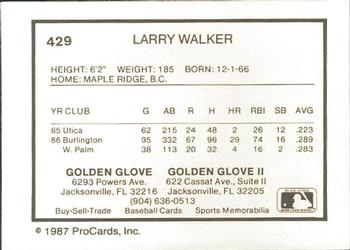 1987 ProCards #429 Larry Walker Back