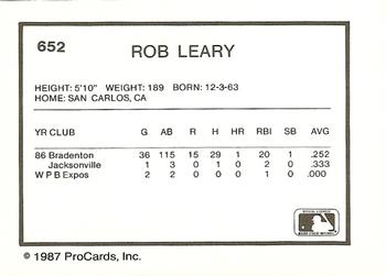 1987 ProCards #652 Rob Leary Back