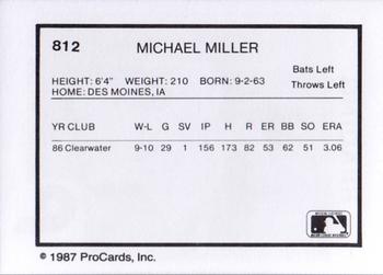 1987 ProCards #812 Michael Miller Back
